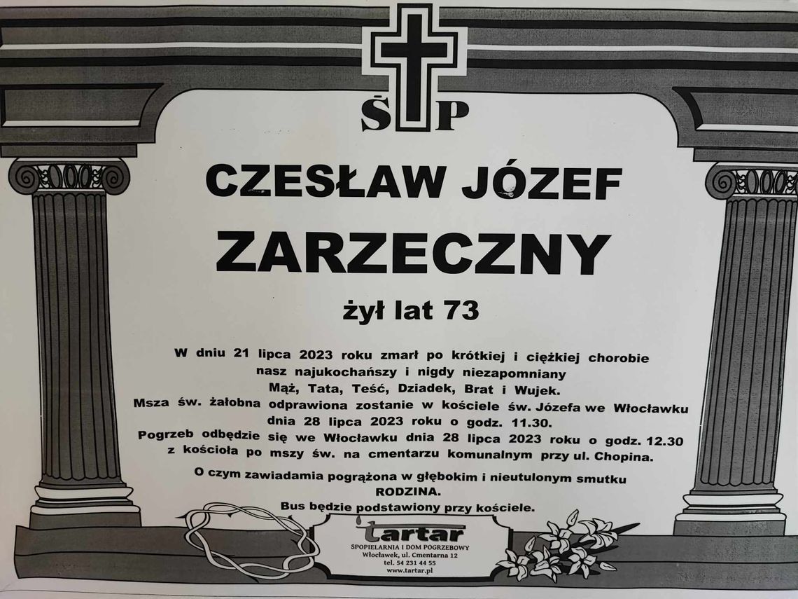 Ostatnie pożegnanie radnego Czesława Zarzecznego odbędzie się w piątek 28 lipca