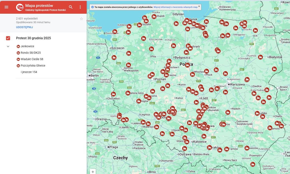 Protest rolników 30 grudnia. Utrudnienia na A1 [MAPA]