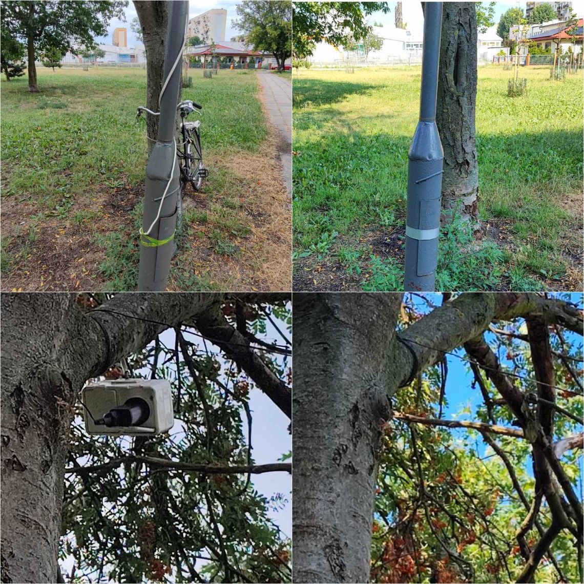 Przewód wychodzący z latarni na ul. Broniewskiego usunięto. Lampki zostały Przewód wychodzący z latarni na ul. Broniewskiego usunięto. Lampki zostały