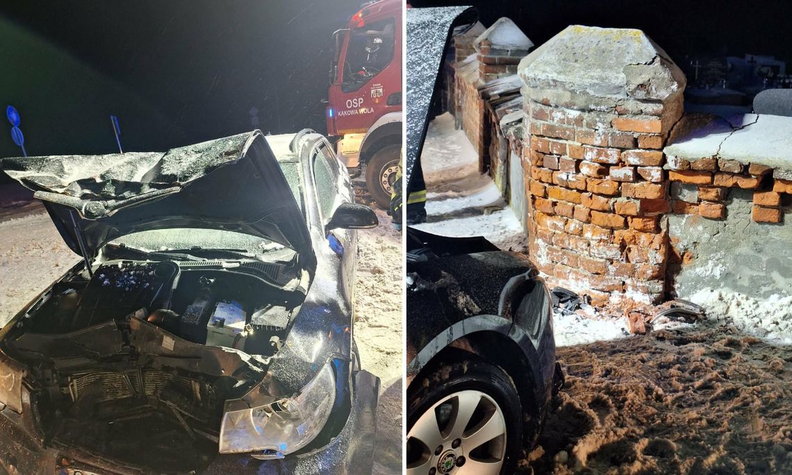 Samochód wypadł z drogi i rozbił się o mur cmentarza