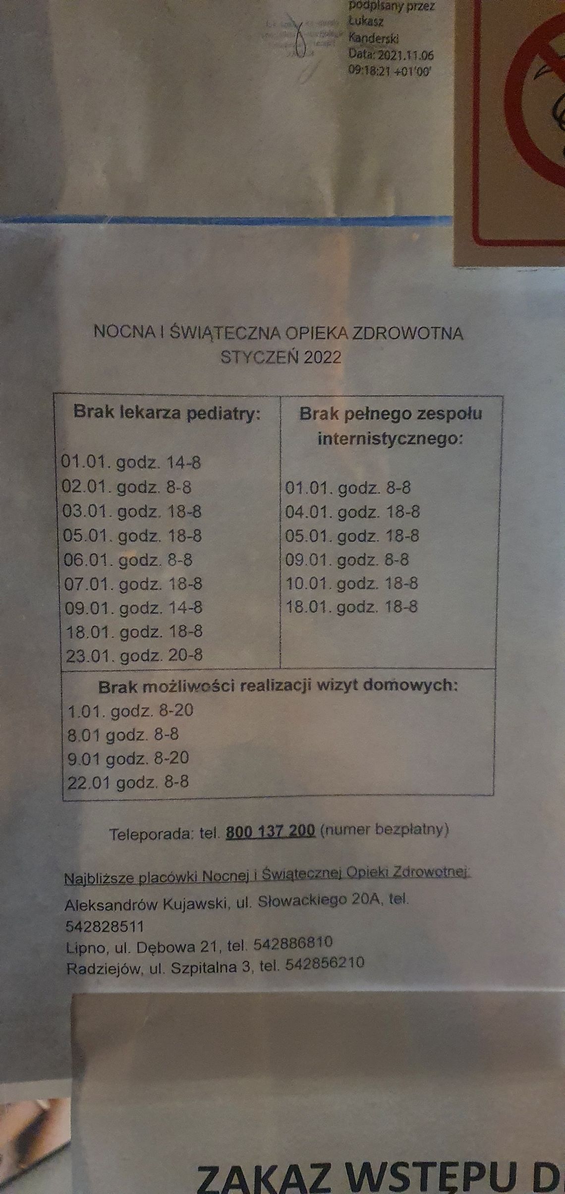 Szokujący grafik w Nocnej i Świątecznej Opiece Zdrowotnej. Brak pediatry, brak zespołu internistycznego, brak wizyt domowych