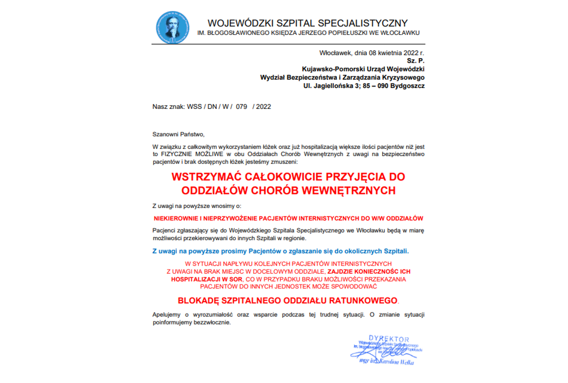 Szpital wstrzymuje przyjęcia na oddziały wewnętrzne Szpital wstrzymuje przyjęcia na oddziały wewnętrzne