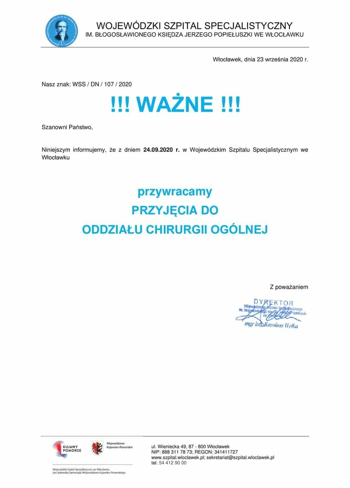 Szpital wznawia przyjęcia na oddział chirurgii ogólnej 
