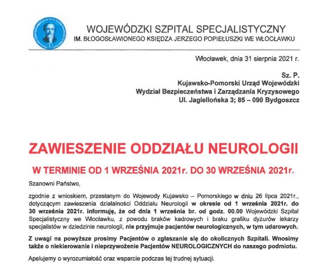 Szpital zawiesił oddział neurologii na miesiąc