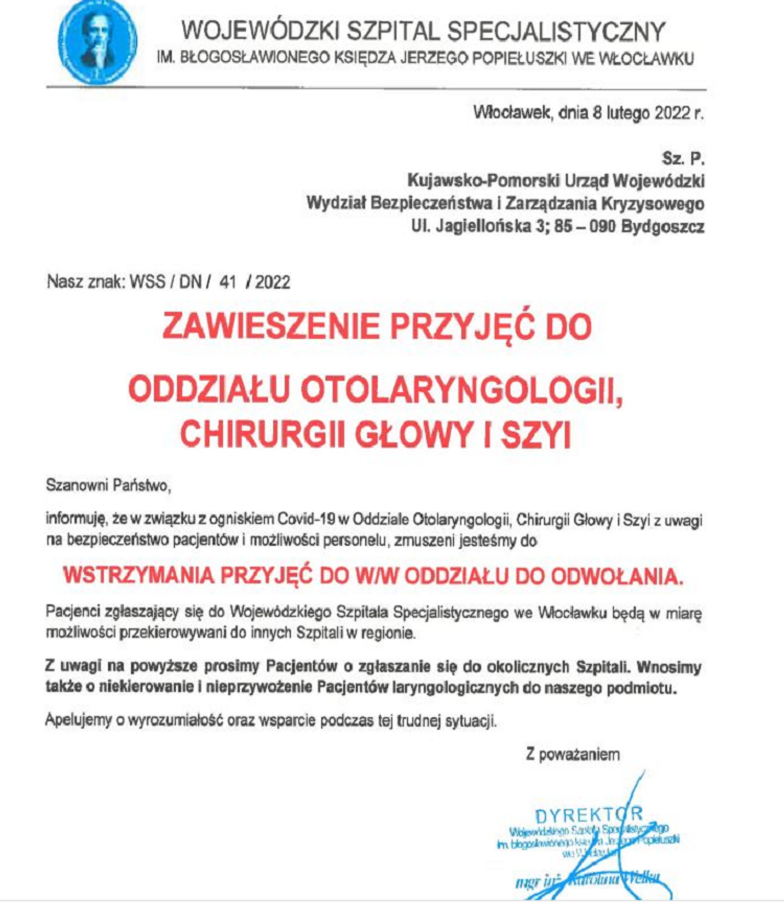 Szpital zawiesił przyjęcia do Oddziału Otolaryngologii, Chirurgii Głowy i Szyi. Są także dobre informacje Szpital zawiesił przyjęcia do Oddziału Otolaryngologii, Chirurgii Głowy i Szyi. Są także dobre informacje