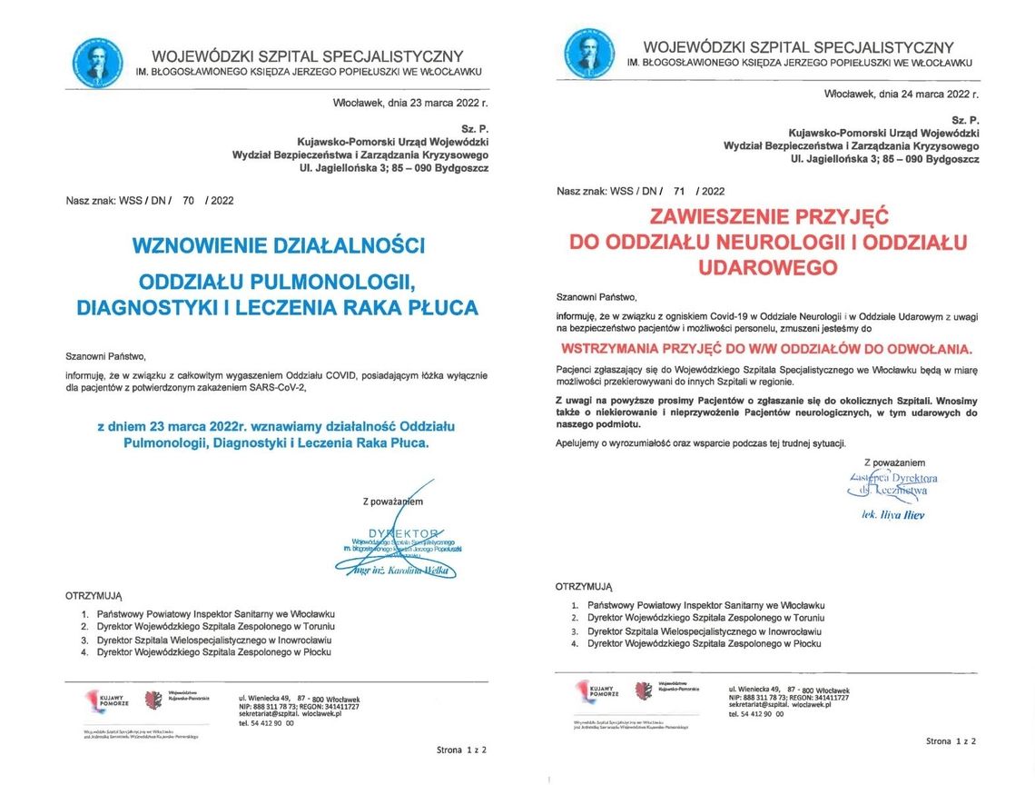 Szpital zawiesił przyjęcia na oddział neurologii i udarowy, ale wznowił na oddział pulmonologii diagnostyki i raka płuc