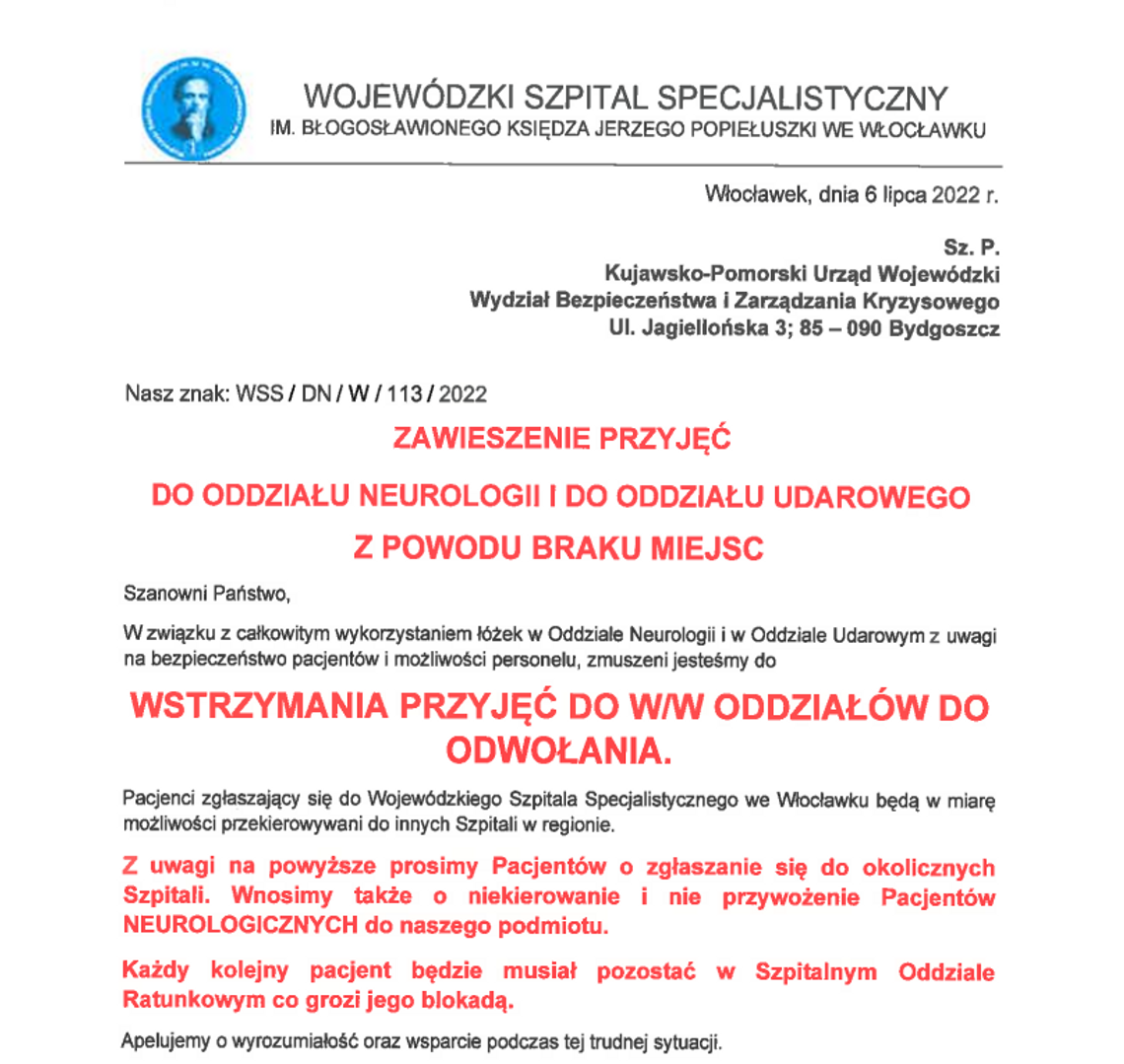 Szpital zawiesza przyjęcia na oddział Neurologii i oddział Udarowy