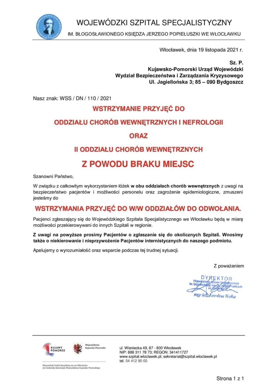 Szpital znów wstrzymuje przyjęcia. Tym razem na dwa oddziały wewnętrzne 