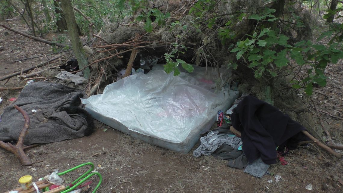 Takich koczowisk powstaje kilka w ciągu roku. Bezdomni budują w lesie szałasy i znoszą śmieci