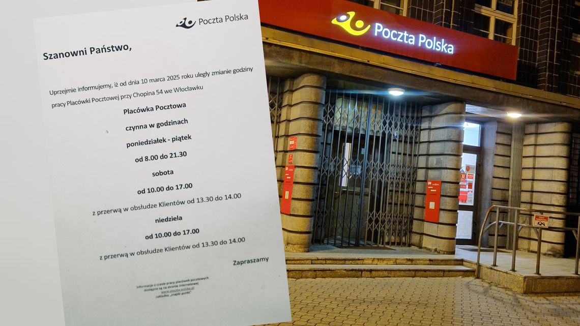 Uwaga! Poczta przy Chopina zmieniła godziny pracy. Listy nadasz tylko do 21:30...