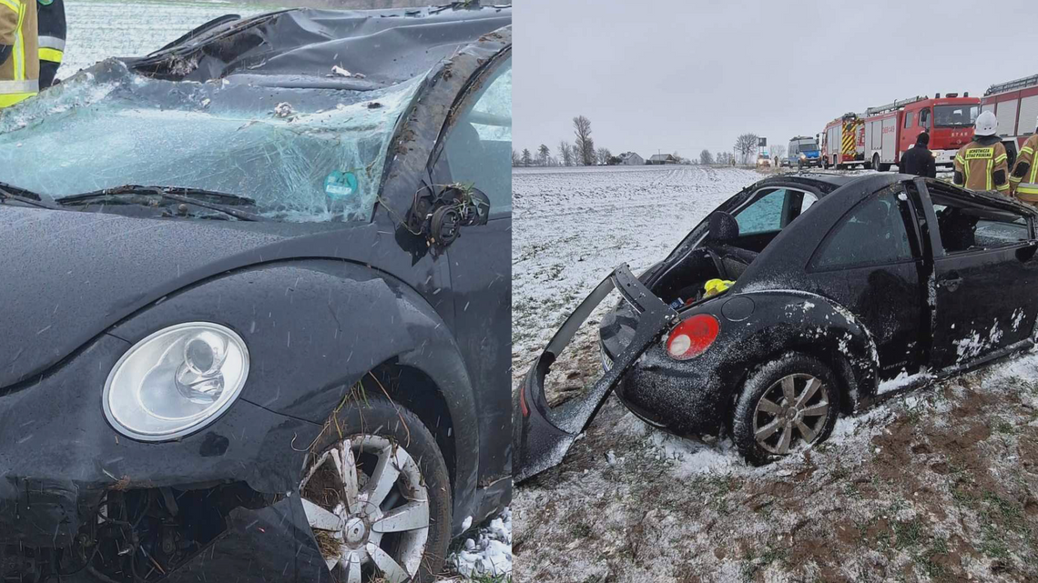 Dachowanie Volkswagena w regionie. Pasażerka odniosła obrażenia