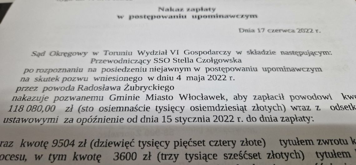 Włocławski ratusz otrzymał wyrok nakazowy Sądu w Toruniu. Nie zapłacono architektowi za wykonaną pracę