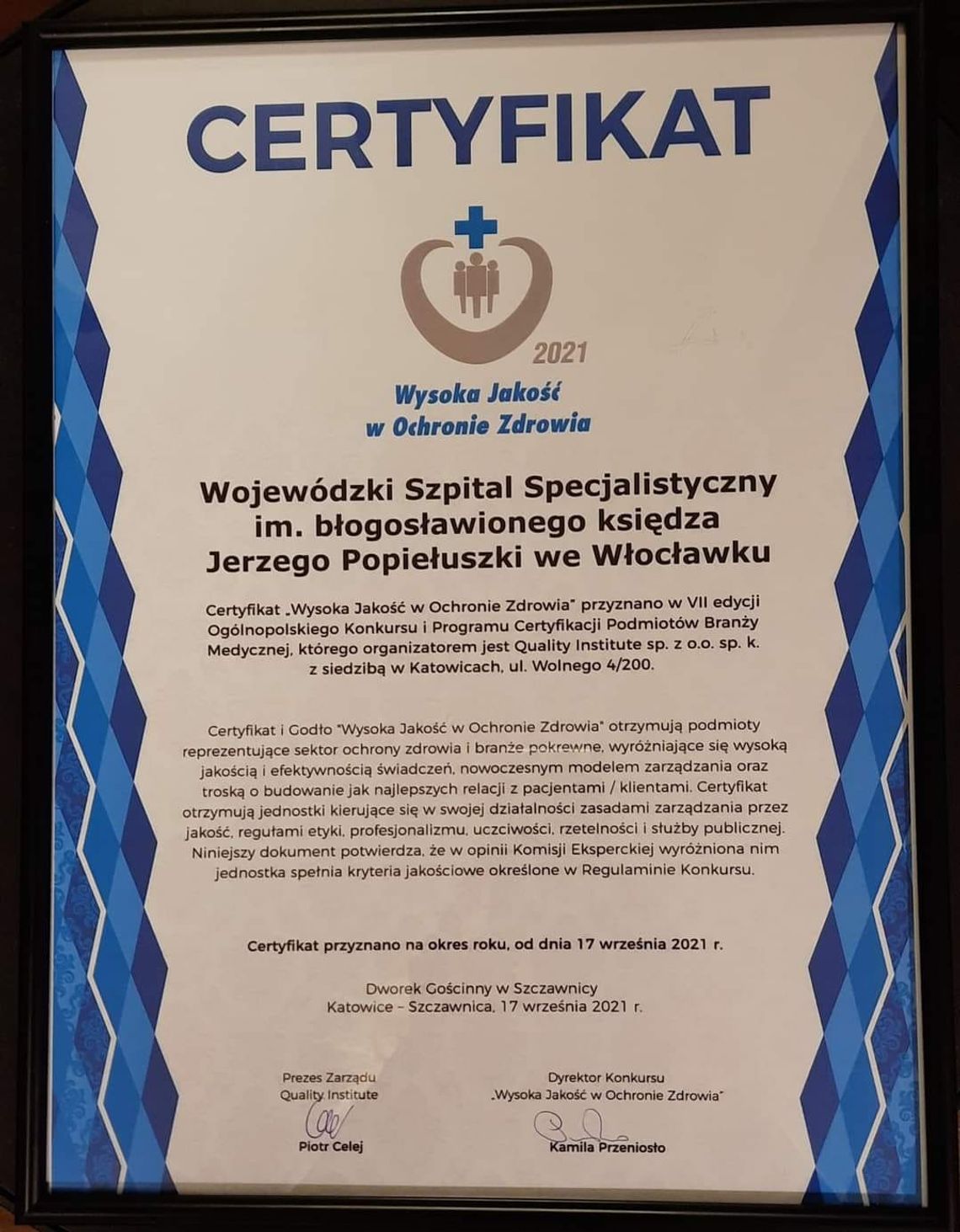 Włocławski szpital z certyfikatem jakości. Lecznicę doceniono w VII edycji Ogólnopolskiego Konkursu i Programu Certyfikacji Podmiotów Branży Medycznej