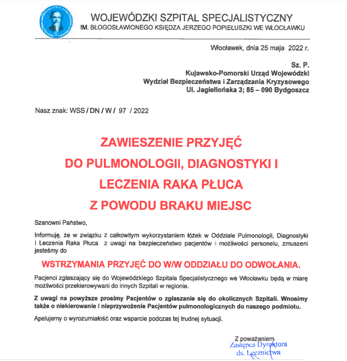 Zawieszenie przyjęć do oddziału Pulmonologii, Diagnostyki i Leczenia Raka Płuca w Wojewódzkim Szpitalu Specjalistycznym we Włocławku