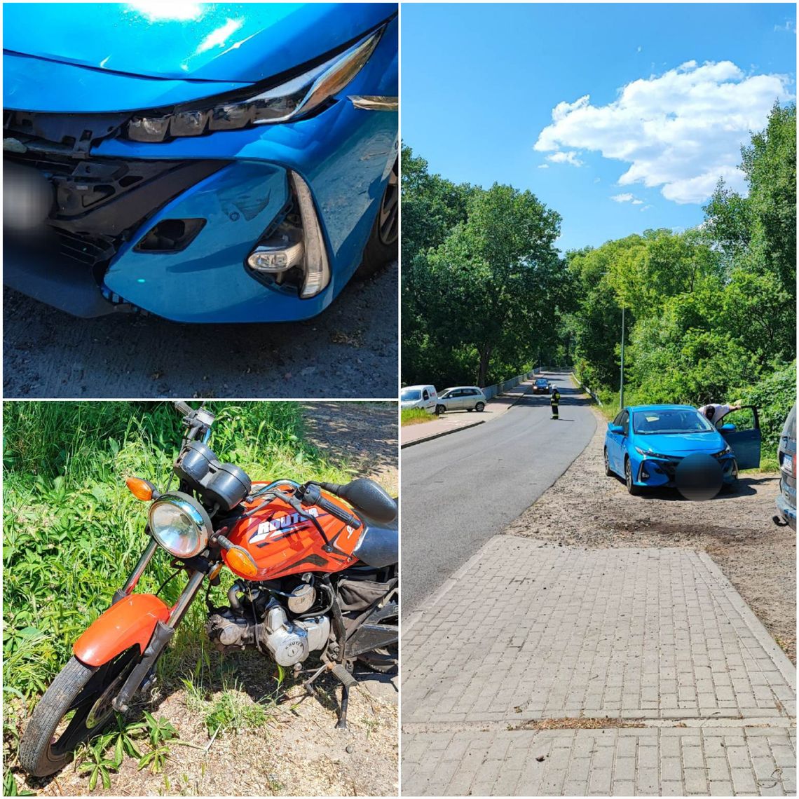 Zderzenie motocyklisty z osobową Toyotą. Ruchem kierują strażacy